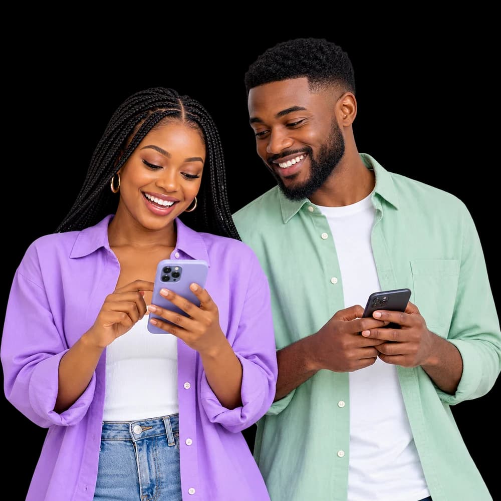 Two smiling people using their phones